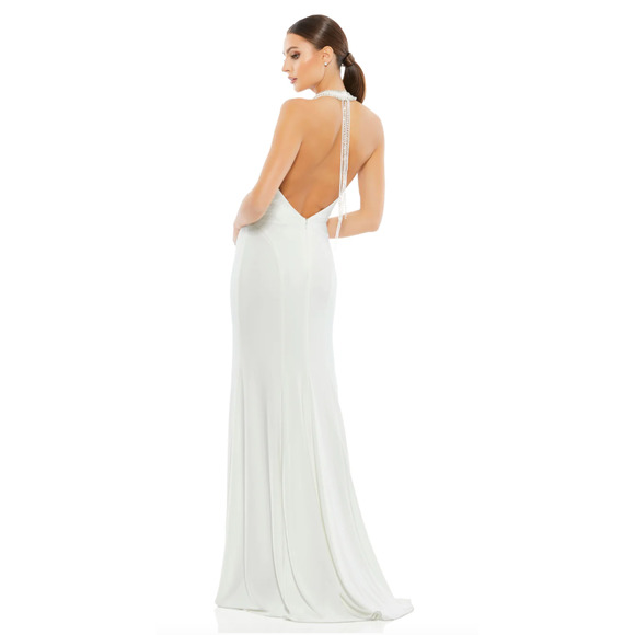 Mac Duggal BEADED HALTER JERSEY GOWN, Sz 4, White, #25572 - Picture 2 of 8
